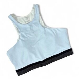 MPG Vanda Racer Wms‎ M Light Blue Sports Bra Black Band Athleisure Workout NWT